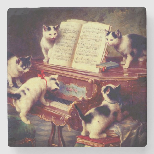 Kittens and Piano Stone Coaster (Front)