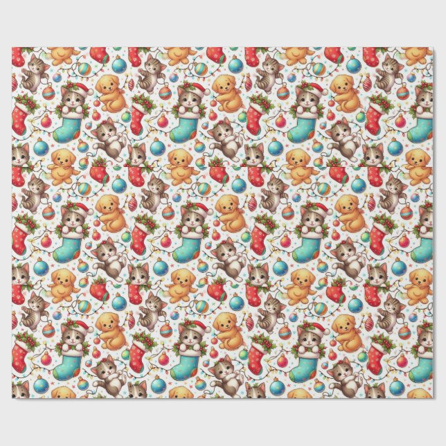 Kittens and Puppies for Christmas Wrapping Paper (Flat)