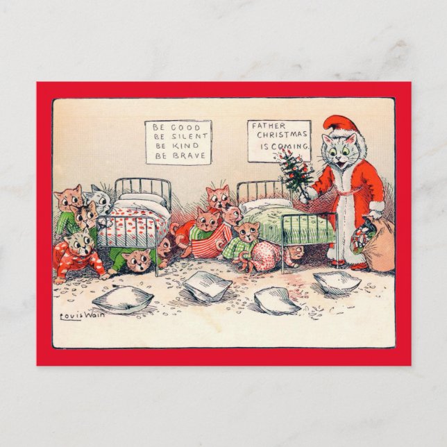 Kittens and Santa Cat, Louis Wain Postcard (Front)