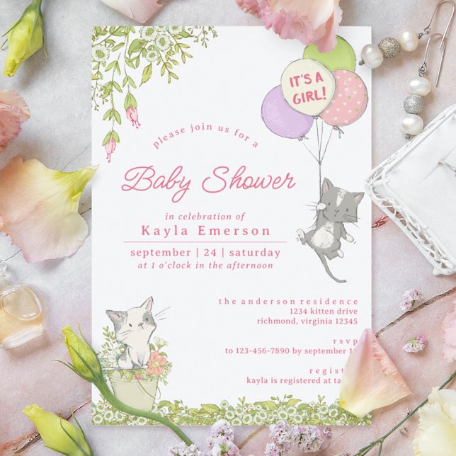 Kittens and Spring Floral | Cute Girly Baby Shower Invitation (Creator Uploaded)
