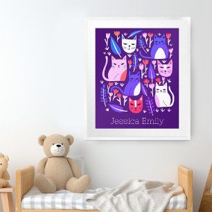 Kittens and Tulips Cute Cats CUSTOM BABY NAME Art Poster