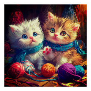 Kittens And Yarn Art Poster