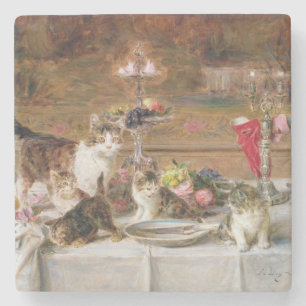 Kittens at a banquet, 19th century stone coaster