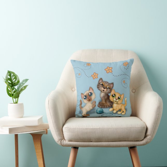 Kittens at Play Blue Cushion (Chair)