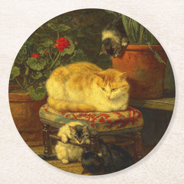 Kittens at Play Round Paper Coaster (Front)