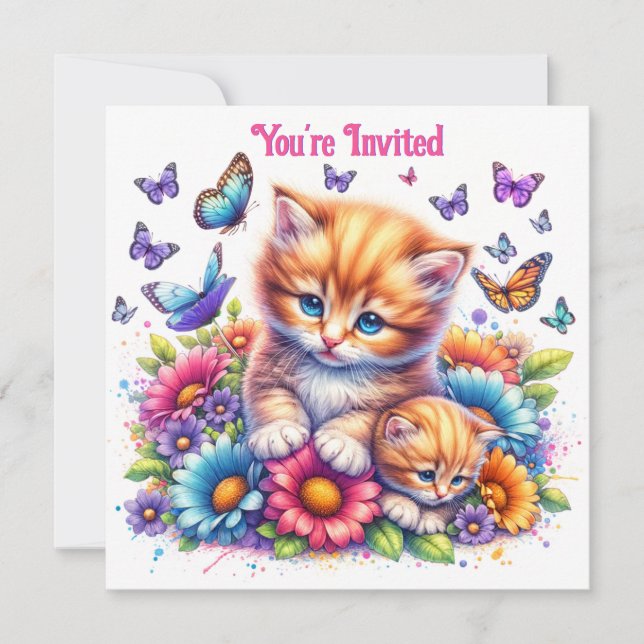 Kittens, Butterflies and Flowers Birthday Invitation (Front)
