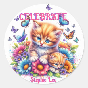 Kittens, Butterflies and Flowers Classic Round Sticker