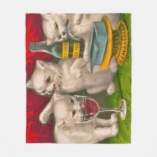 Kittens drinking and eating sardine fish fleece blanket