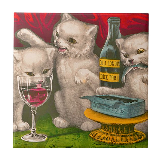 Kittens drinking and eating sardine fish tile (Front)