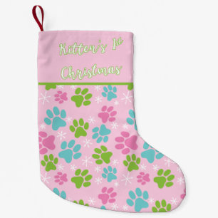 Kitten's First Christmas Pink and Green Small Christmas Stocking