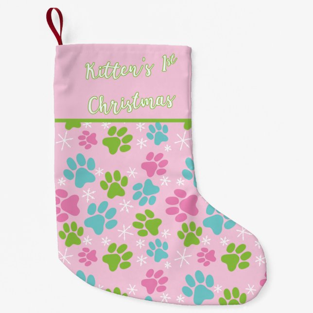 Kitten's First Christmas Pink and Green Small Christmas Stocking (Front)