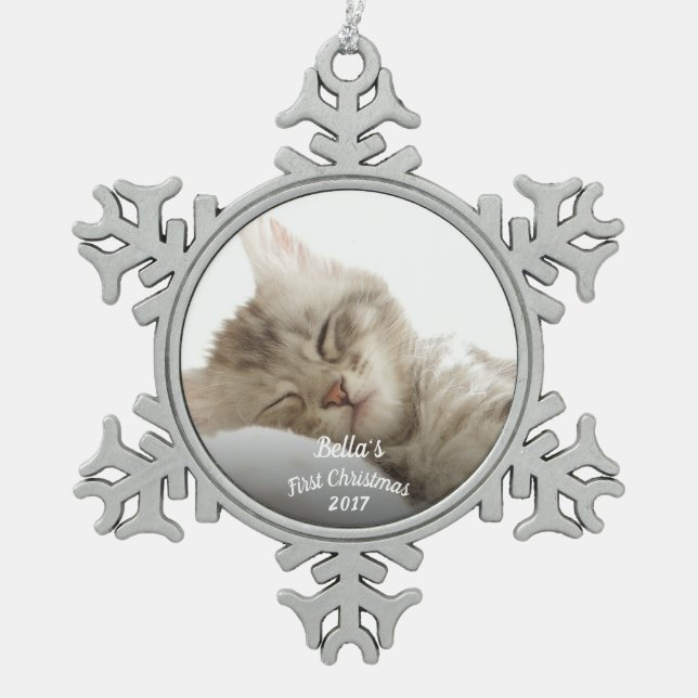 Kitten's first Christmas with name + year Snowflake Pewter Christmas Ornament (Front)