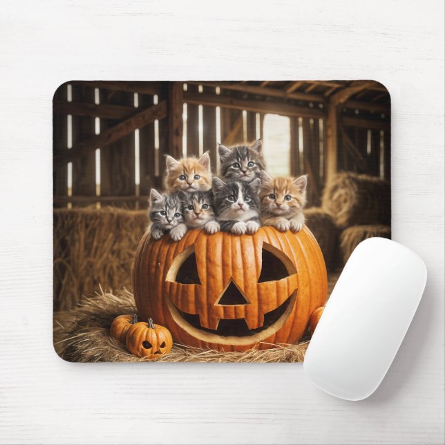 Kittens In a Barn Jack-o-lantern Mouse Mat (With Mouse)