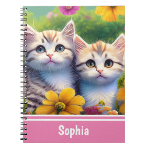 Kittens in a Flower Meadow Cute Personalised Name Notebook