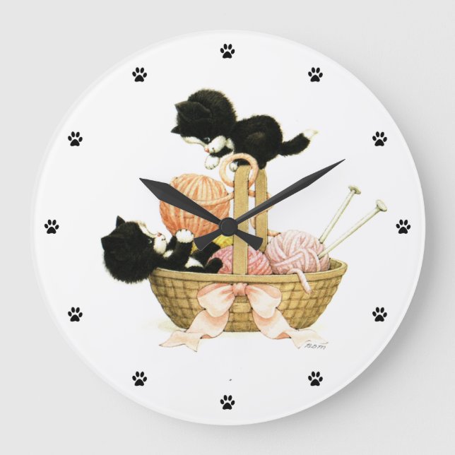 Kittens in Basket Large Clock (Front)
