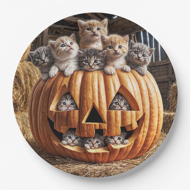 Kittens In Halloween Pumpkin Paper Plate (Front)
