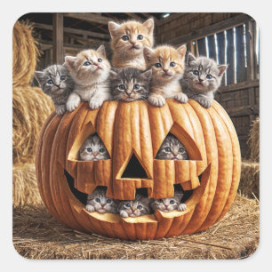 Kittens In Halloween Pumpkin Square Sticker