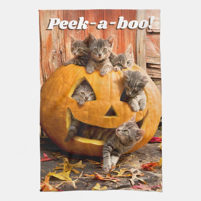 Kittens in Jack-o-Lantern Tea Towel (Vertical)
