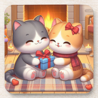 Kittens In Love By The Fireplace Drink Coaster