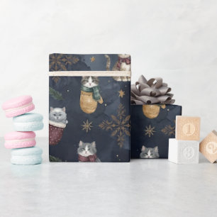 Kittens in Mittens Christmas Blue Wrapping Paper