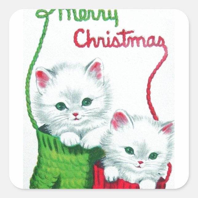 Kittens in Mittens Merry Christmas Square Sticker (Front)