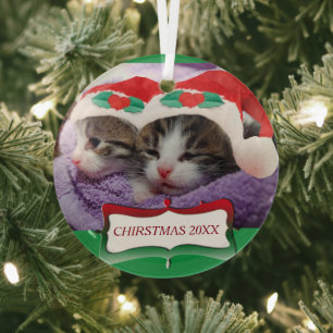 Kittens in Santa Hats Christmas 20XX Glass Tree Decoration