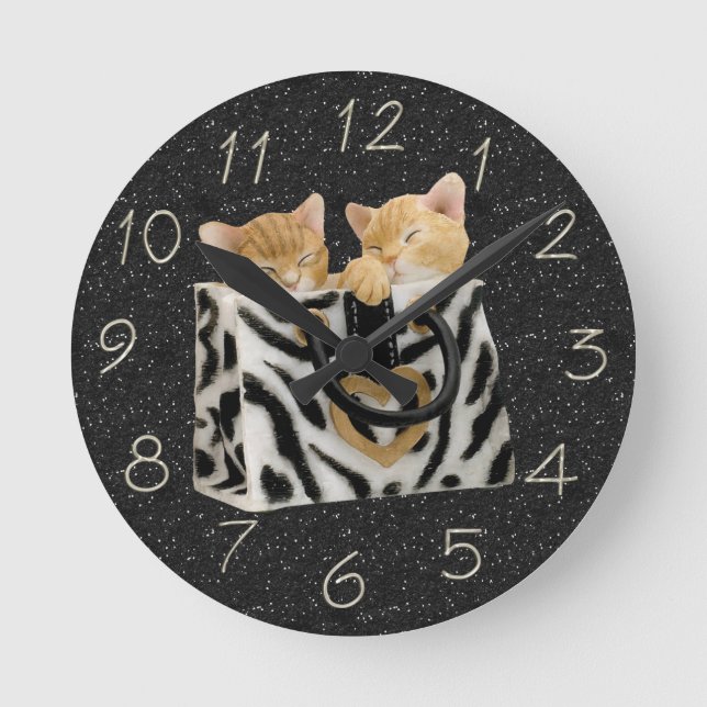 Kittens in Zebra Handbag Black Glitter Clock (Front)