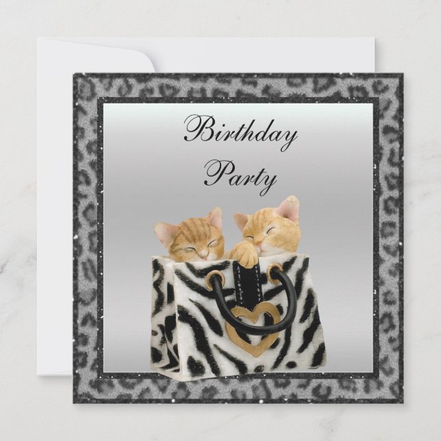 Kittens & Leopard Print Fur Silver Birthday Party Invitation (Front)
