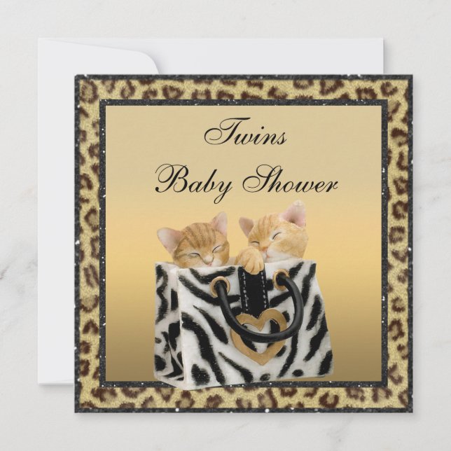 Kittens Leopard Print Neutral Twins Baby Shower Invitation (Front)