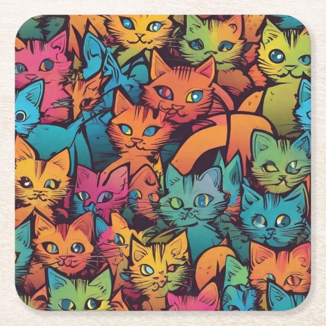 Kittens pattern square paper coaster (Front)