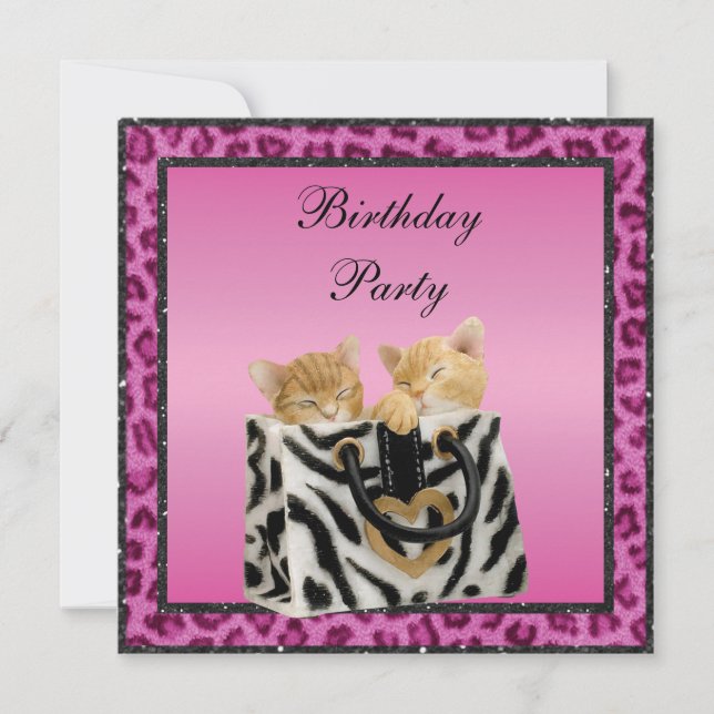 Kittens & Pink Leopard Print Fur Birthday Party Invitation (Front)
