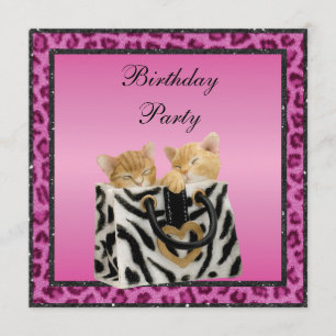 Kittens & Pink Leopard Print Fur Birthday Party Invitation