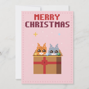 Kittens Pink Pixel Art Christmas Card