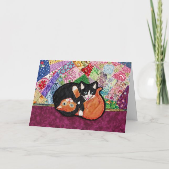 Kittens Playing On Quilt -- blank greeting card (Front)