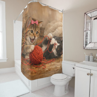 Kittens Playing with Yarn Painterly Shower Curtain