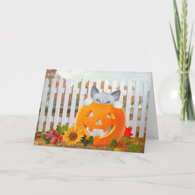 Kitten's Pumpkin Playtime Greeting Card (Front)