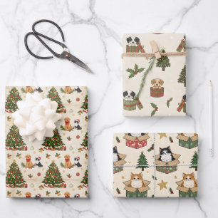 Kittens, Puppies, and Christmas Trees Pattern Wrapping Paper Sheet