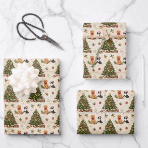Kittens, Puppies, and Christmas Trees Pattern Wrapping Paper Sheet