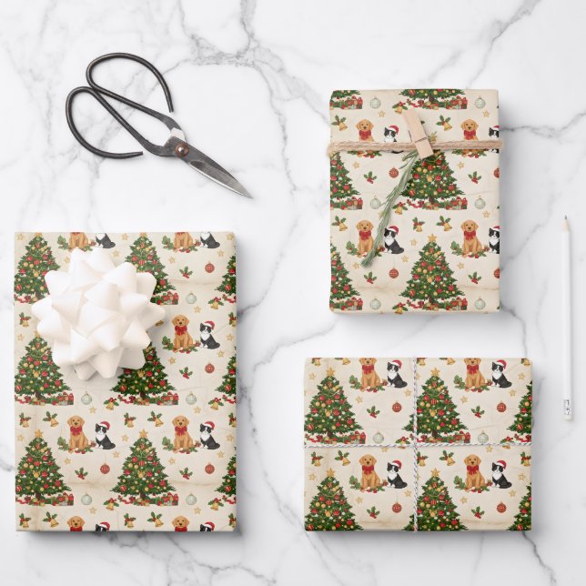 Kittens, Puppies, and Christmas Trees Pattern Wrapping Paper Sheet (Front)