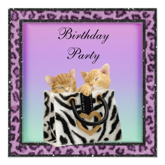 Kittens & Purple Leopard Print Fur Birthday Party Card