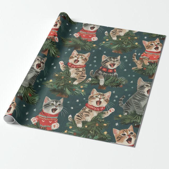 Kittens Singing O'Christmas Tress In Sweaters  Wrapping Paper (Unrolled)