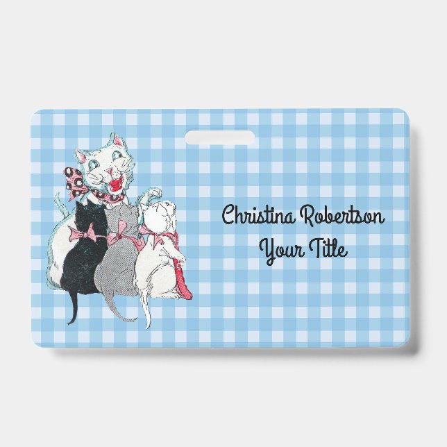 Kittens With Smiling Mother Cat Blue White Plaid ID Badge (Front)
