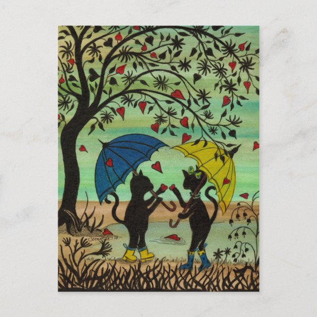 Kitties in Love, a rain shower of hearts post card (Front)