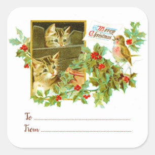 Kitties & Robin   To From Vintage Christmas Gift Square Sticker
