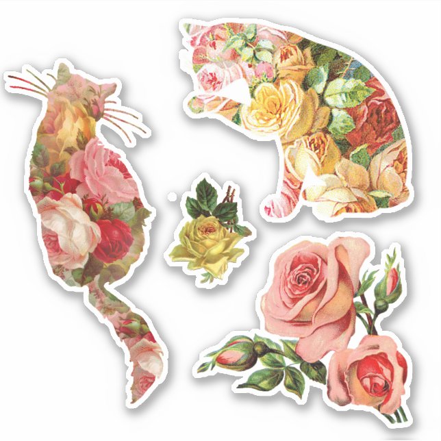Kitties Vintage Pink Yellow Roses Sticker (Front)