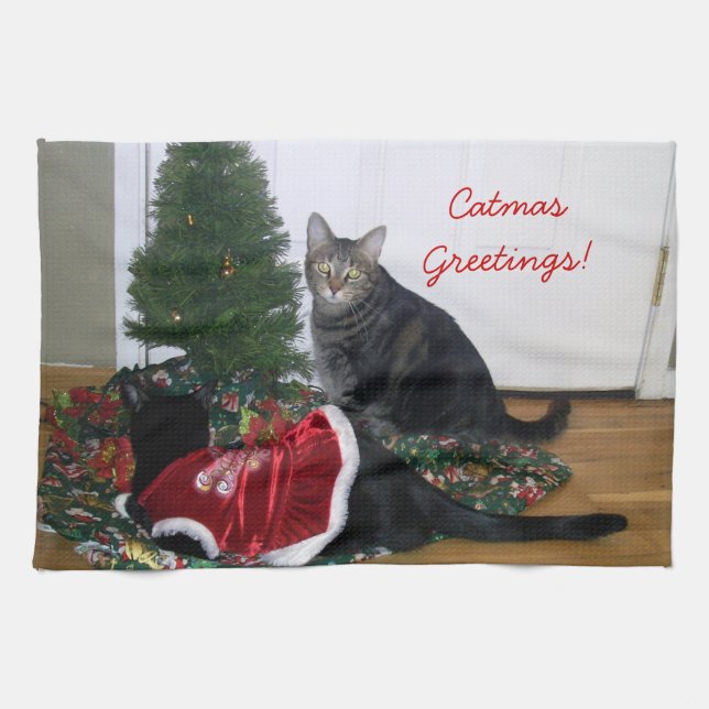Kitties with Christmas Tree Kitchen Towel (Horizontal)
