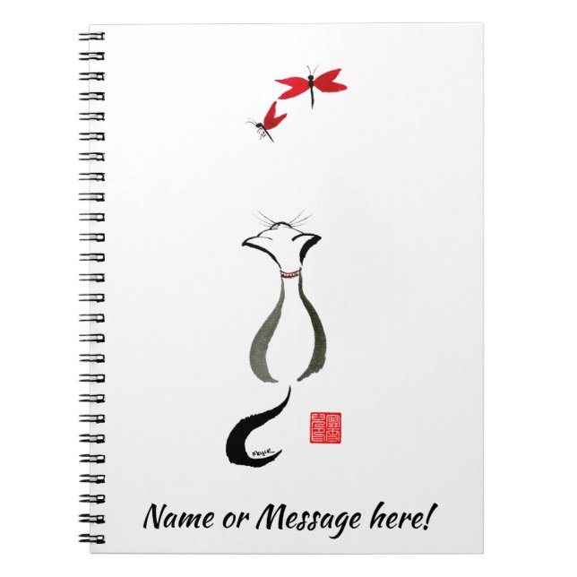 Kittlins Cat and Red Dragonfly Watercolor Sumi-e Notebook (Front)