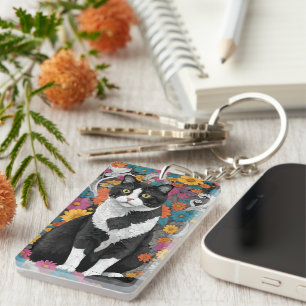 Kitty among the flowers key ring