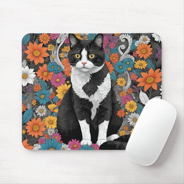 Kitty among the flowers mouse mat (With Mouse)
