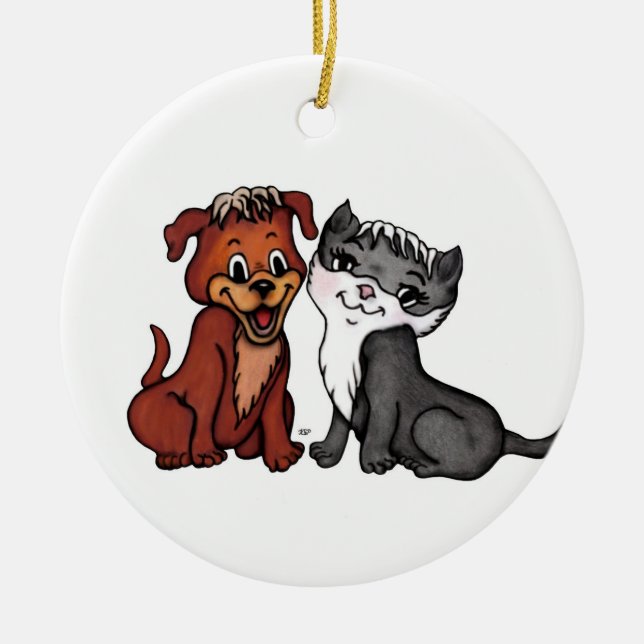 Kitty and Puppy Ceramic Tree Decoration (Front)
